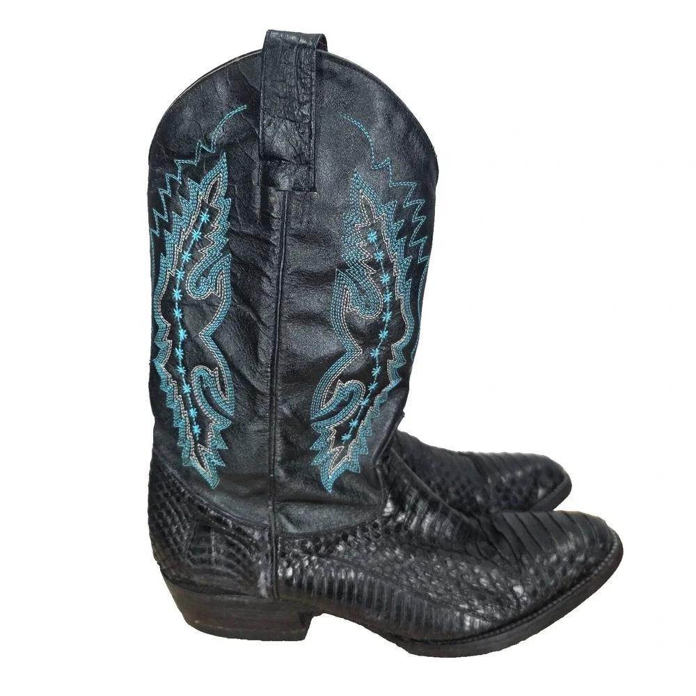 Vallejo Western Boots Mens 7.5 Black Python Skin Cowboy Roper Rodeo Pull On